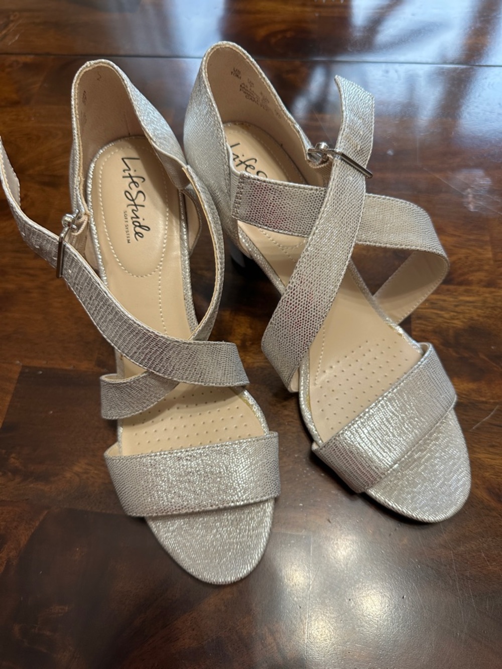 Life Stride Metallic Silver Crisscross Strap Heels